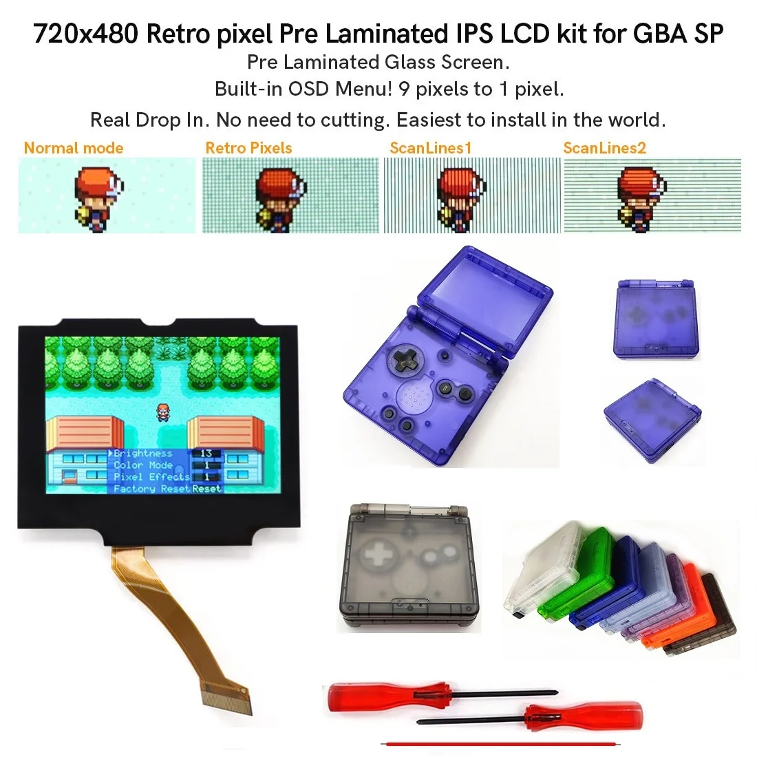 Drop In V5 720x480 Pre Laminated Retro Pixel IPS LCD For GBA SP Backlight LCD For Gameboy Advance SP With Clear Shell Case