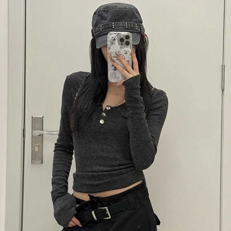 Tonngirls Harajuku винтажная футболка женская с длинным рукавом облегающие Y2k американские ретро 90-х годов укороченные топы уличная одежда Basci футболки осень (art.: 3920caaedcec0) - 3920caaedcec0