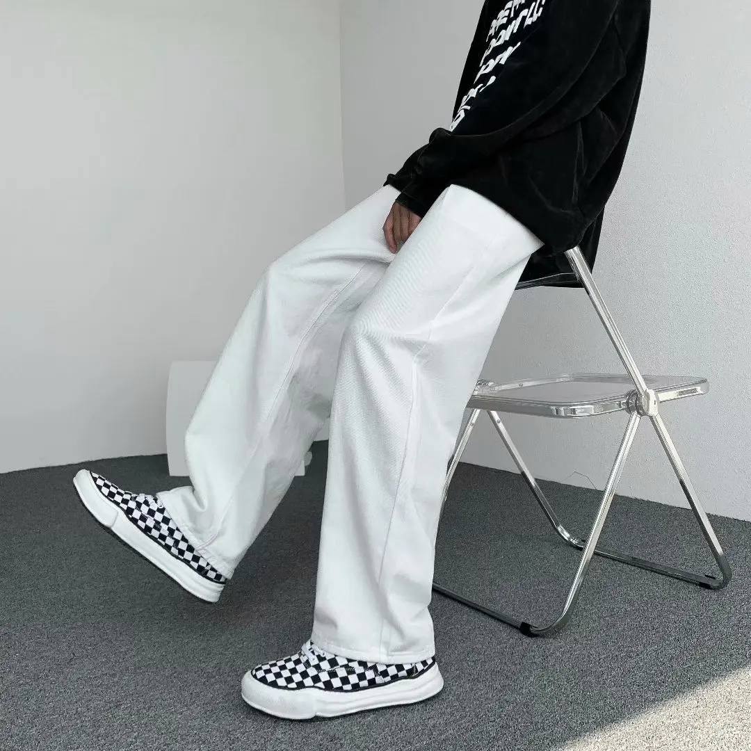 

2022 Straight Jeans men White Loose Denim Trousers neutral jean Streetwear Solid Color wide jeans man women pants hip hop bagy