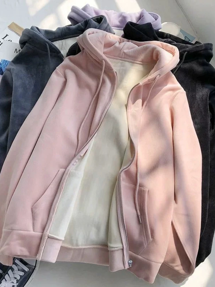 

Harajuku Casual Hoodies Women Korean Fashion Loose Feece White Pink Hooded Sweatshirt Long Slseeve Top Autumn Kpop
