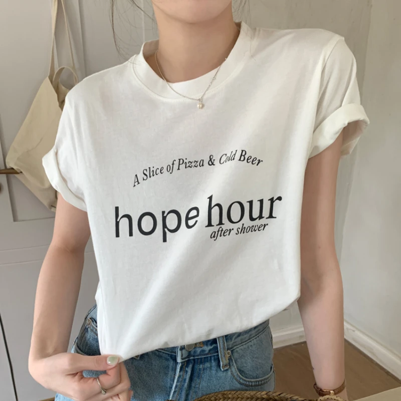 

Новые корейские модные футболки с коротким рукавом с буквенным принтом, женская летняя повседневная свободная футболка, Женские базовые универсальные Топы