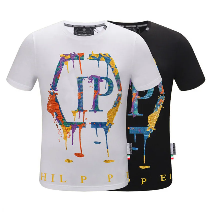 

High Quality Brand Philippe Plain PP Men's T-Shirt Skull Hot Diamond Print Short Sleeve Casual Trend Simple Black Top Clothing