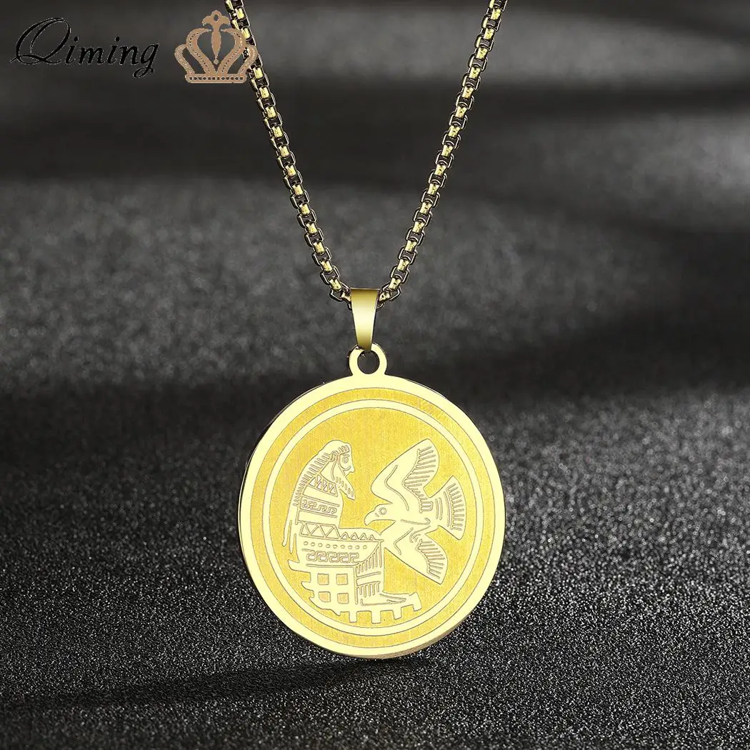 

QIMING Medal Ancient Greek Pendant Necklace For Men Women Eagle Amulet Mythology Jewelry Stainless Steel Necklace