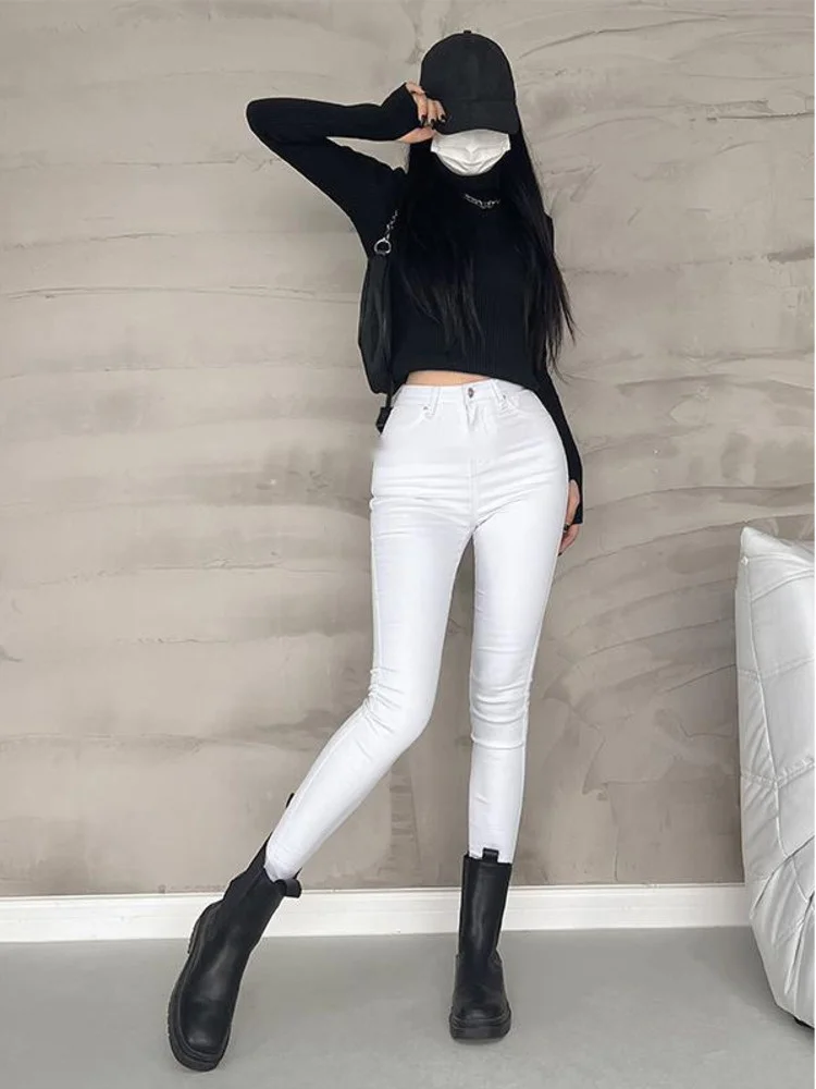 

High Sweet Tight Waist Hip Elastic Jeans For Women Sexy Slim Peach Hip Plush Thickened Trousers Korean Sexy NF1E