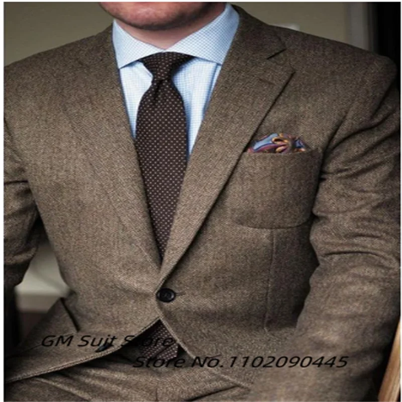 Men Suit Handsome Jacket 2022 Slim Business Casual Flat Lapel Collar Herringbone Tough 2-Piece Wedding Suit (Blazer + Suit Pants