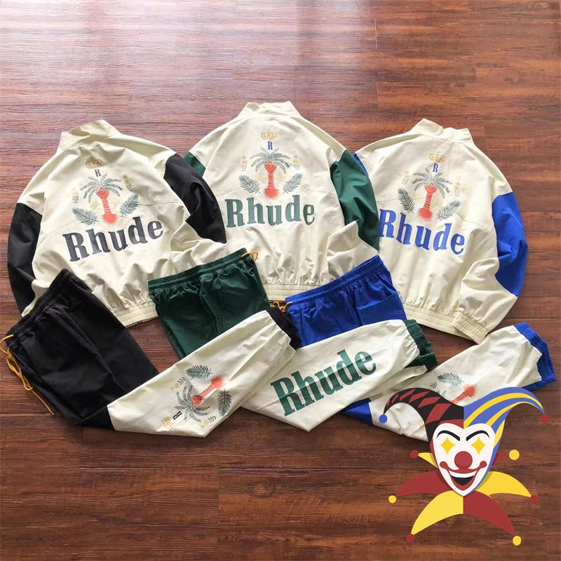 

2023fw Rhude Outwear Coats Men Women Streetwear Coconut Tree Crown Printing Jackets Blue Black Green Patchwork