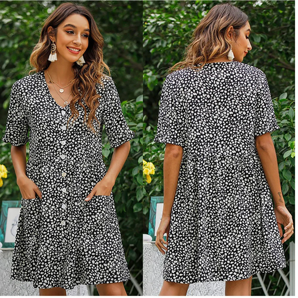 

Женское мини-платье с коротким рукавом, V-образным вырезом, пуговицами и карманами