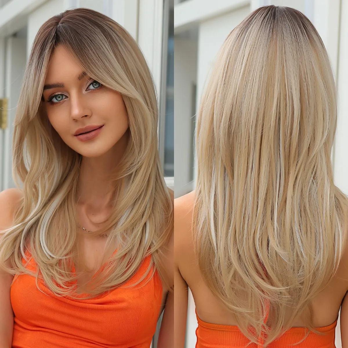 

Blonde Layered with Dark Root Synthetic Wigs With Bangs Medium Natural Straight Wig for Women Daily Heat Resistant Women's Wig