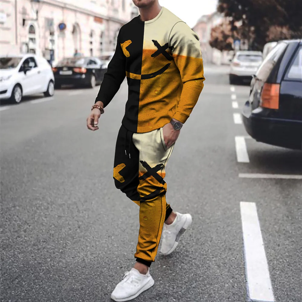 Mens Sweatpants Suit 3D Printed Smiley XO T Shirt Long Sleeve Tracksuit 2 Piece Sets Casual Man Clothing Trousers Sports Outfits
