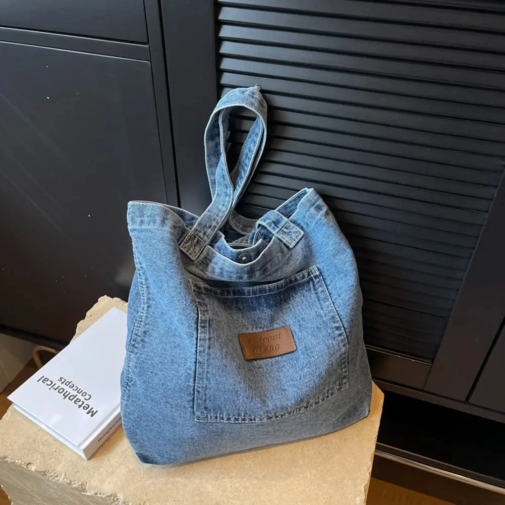 

Large Capacity Women Shoulder Bag Denim Tote Bag Fashionalbe Handbag Clutch Bag Simple Female Commuter Handbag for Office Travel