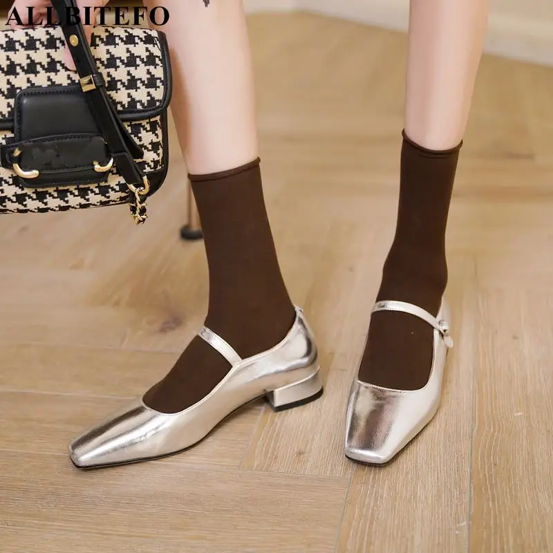 

Size 33-42 Heel 3CM Square Toe Fashion Comfortable Genuine Leather Women Heels Shoes Pure Black Silver Commute High Heel Shoes