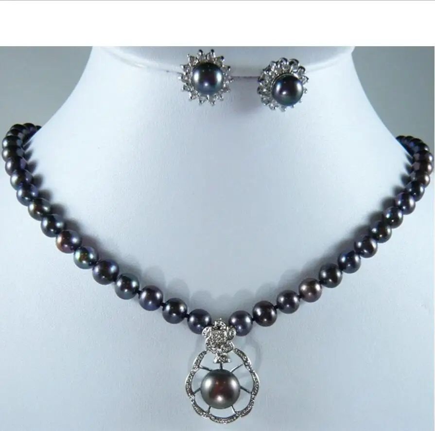 

hot sell new - wholesale noblest 8mm 17inch black shell pearl necklace + 12mm inlay pearl pendant necklace &amp