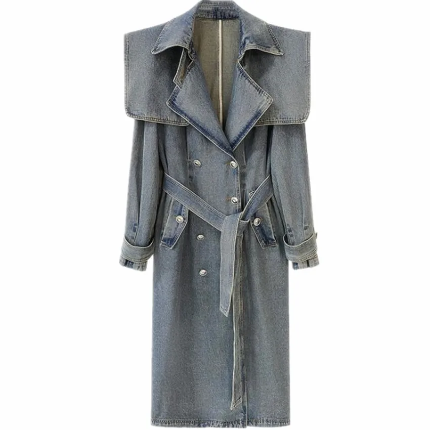 

Женский джинсовый тренчкот, яркий двубортный свободный тренчкот из денима на шнуровке, длинная модная верхняя одежда, 2023