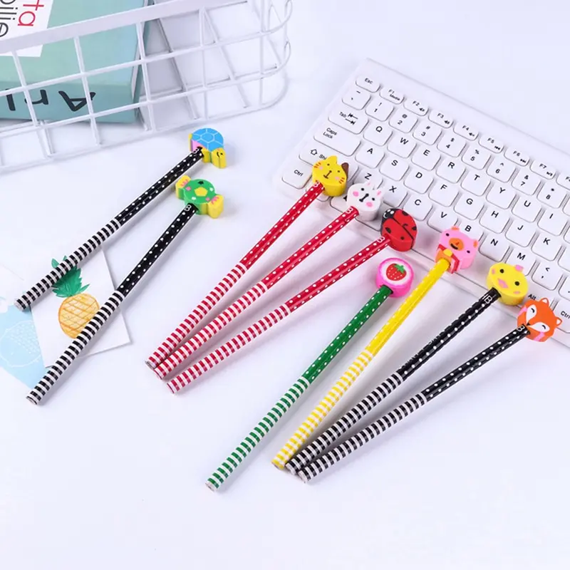 

10PCS Cute Cartoon Animals With Eraser Pencil Children Study Pencil Students Kids Wooden Pencil