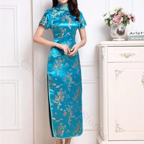 Женское атласное платье с коротким рукавом, элегантное платье Ципао в китайском стиле с красным драконом Фениксом, летнее платье большого размера