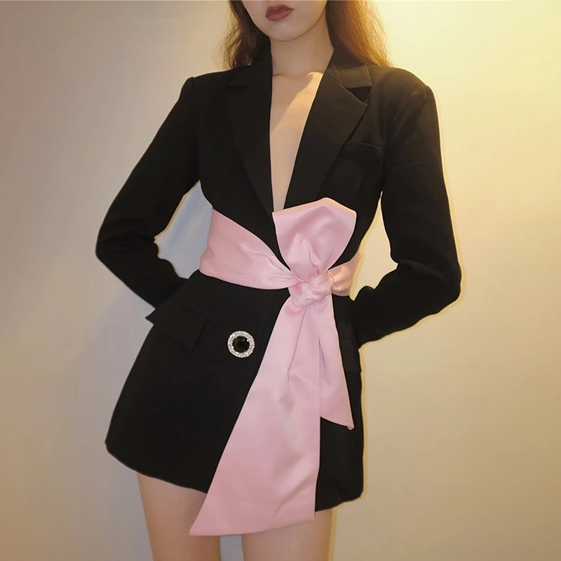 

Sexy Colorblock Lace Up Bowknot Women's Coat Notched Long Sleeve Open Back Loose Female Blazer 2022 Fashion Clothing