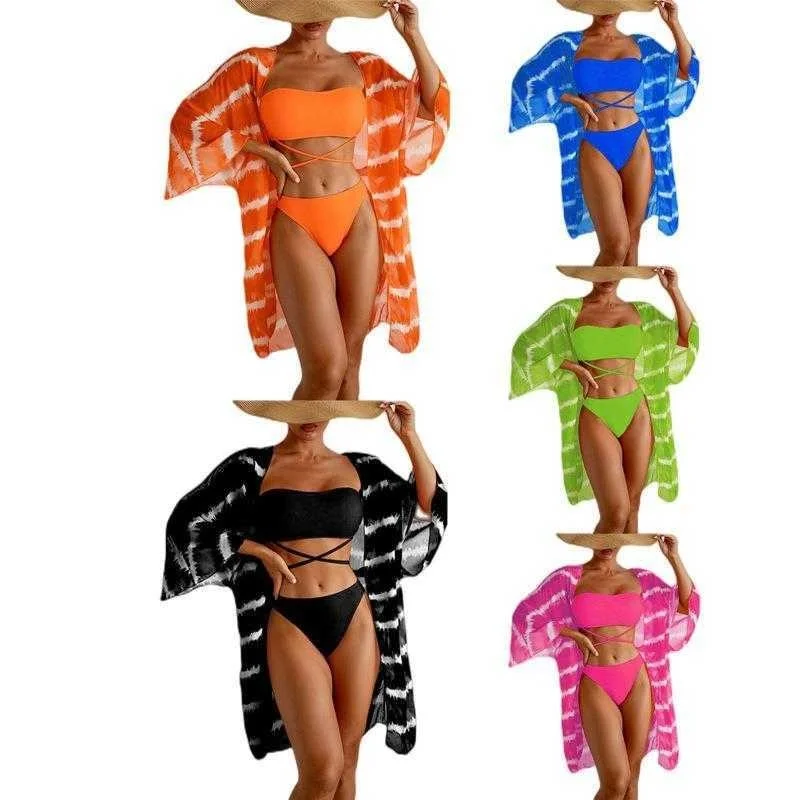 

Комплект из трех предметов, купальник, сетчатая верхняя одежда, многоцветное сексуальное бикини