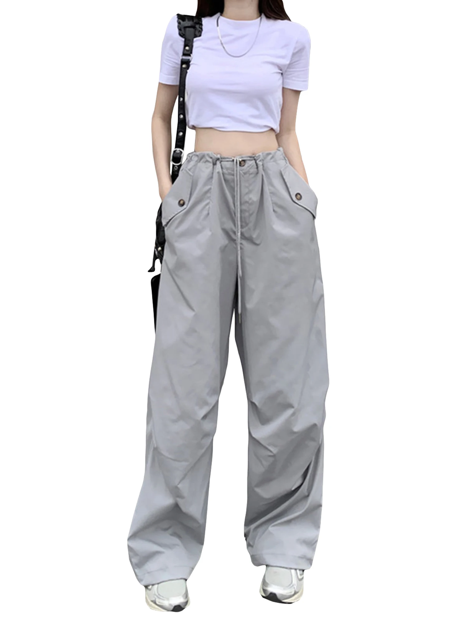

Брюки-карго женские свободного кроя с широкими штанинами, завышенной талией и завязкой-брюки с карманами и клапаном в стиле Y2K