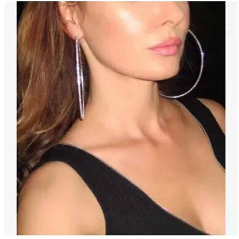 

Danlery Silver Plated Big Round Thin Rhinestones Stainless Steel Large Crystal Hoop Earrings For Women