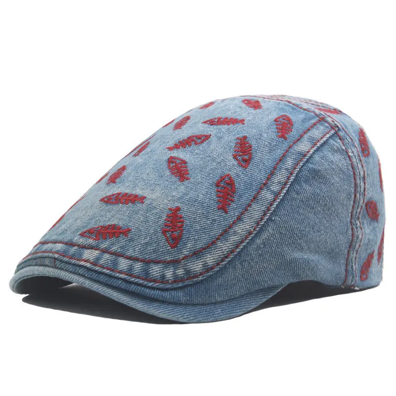 

LDSLYJR Four Seasons Denim Cartoon Fish Embroidery Newsboy Caps Flat Peaked Cap Men and Women Painter Beret Hats 139
