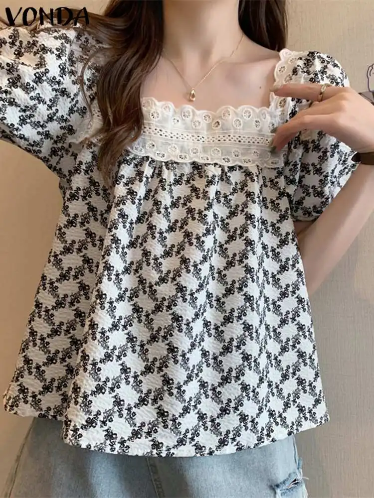 

VONDA Summer Women Sexy Blouse 2023 Fashion Lace Patchwork Shirts Square Collar Ruffled Tops Casual Short Puff Sleeve Blusas