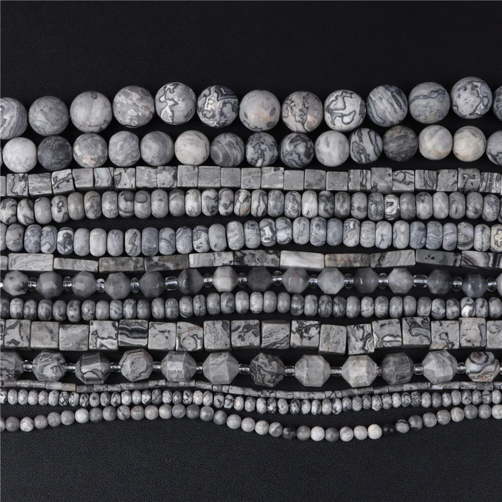

Various Natural Map Jaspers Stone Bead Grey Round Tube Faceted Loose Spacer Beads For Handmade Jewelry Making DIY Accessories