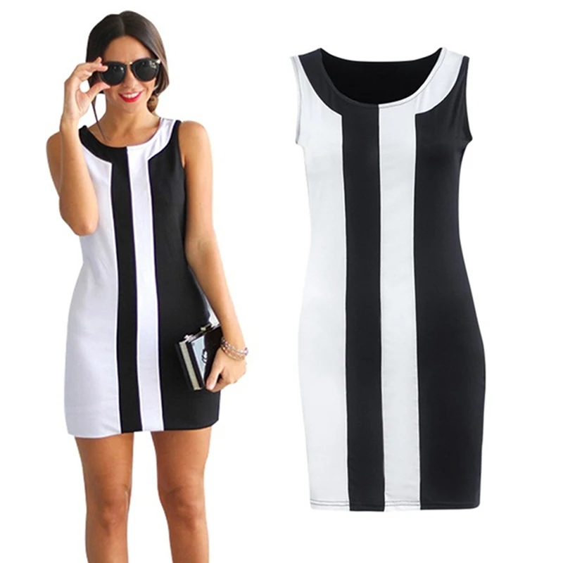 

Summer Women's Sexy Dress Fashion Summer Black White Stitching Round Neck Sleeveless Sexy Office Dresses Vestidos