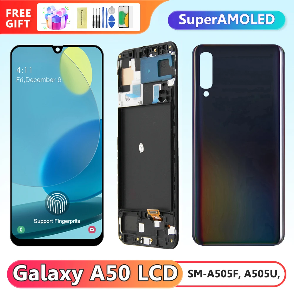 Дисплей Super AMOLED A50 со сканером отпечатков пальцев, ЖК-дисплей Samsung Galaxy A50 A505 A505F, сенсорный экран, дигитайзер в сборе, замена