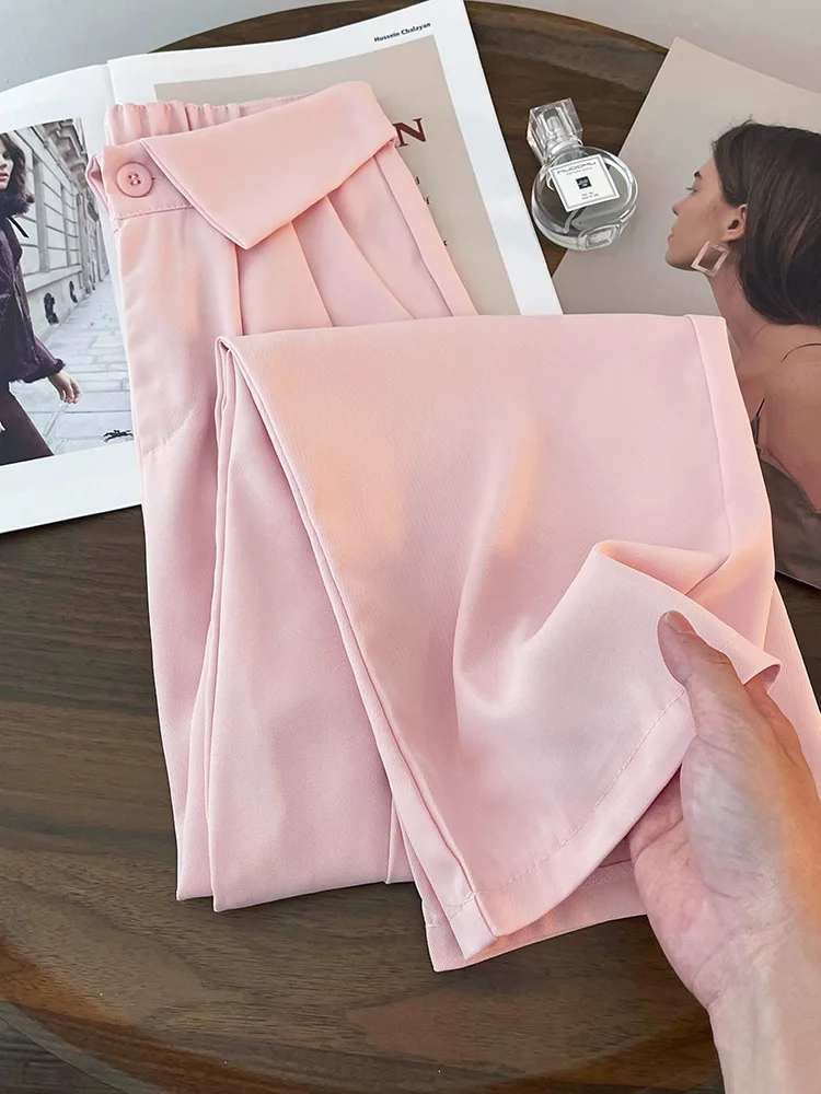 Женские повседневные драпированные брюки розовые широкие с высокой талией