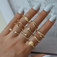 10pcs vintage geometric zircon gold color ring set for women alloy hollow circle chain retro bohemia butterfly ring set jewelry