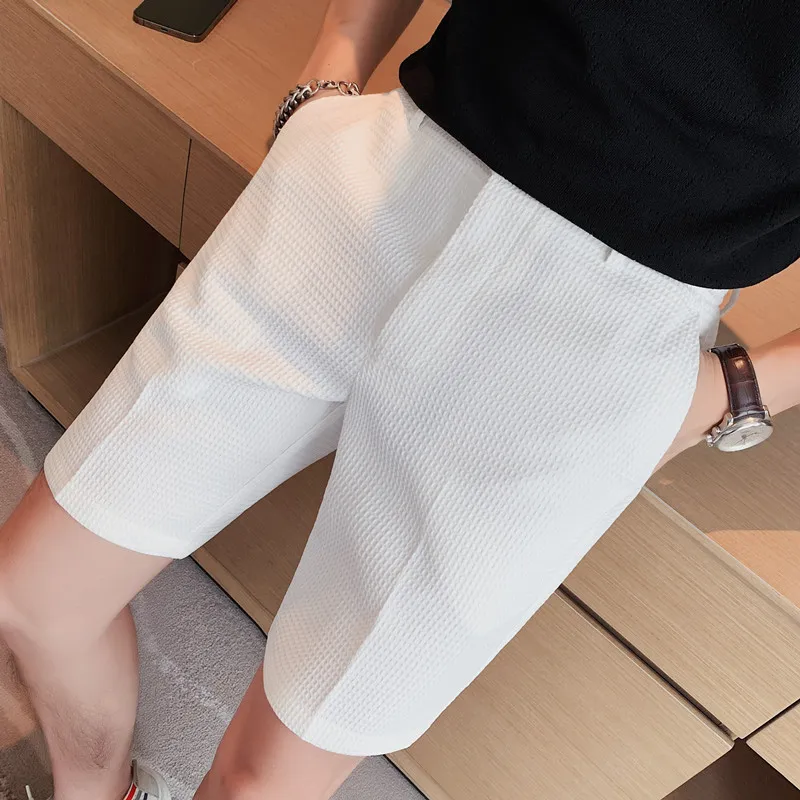 

Bermuda Masculina Fashion Waffle Summer Solid Suit Shorts Men Clothing 2022 Knee Length Slim Fit Casual Office Short Homme 36-28