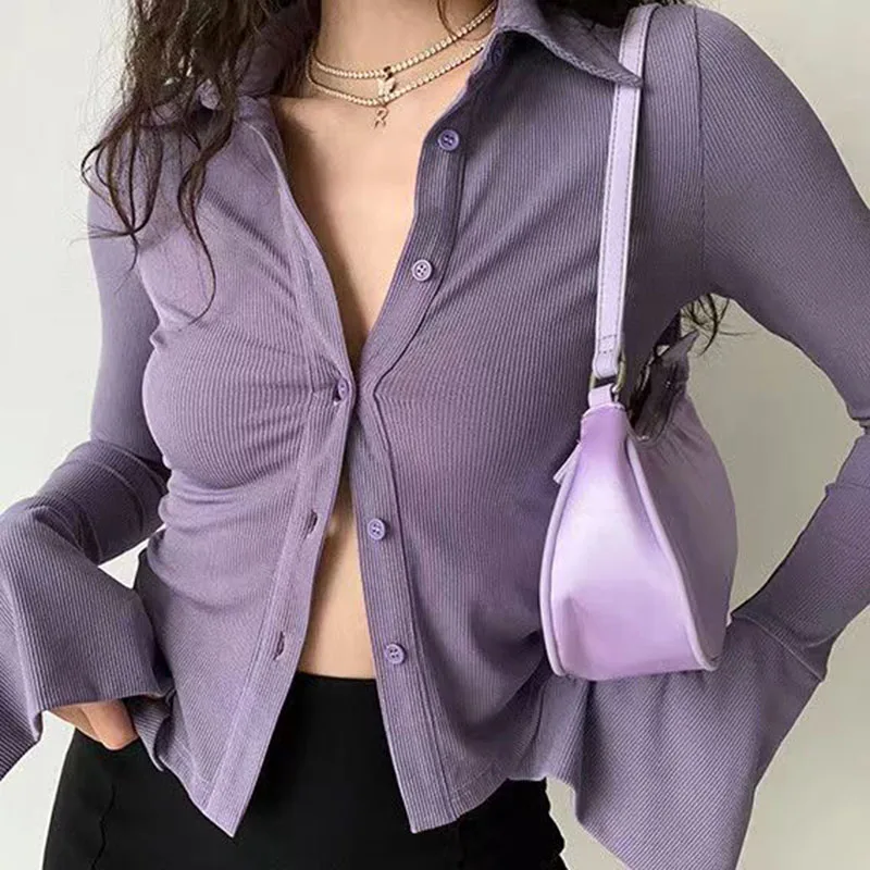 

Lucyever Aesthetic Vintage Women Shirts Sexy Slim Buttons Long Sleeve Blouses Female Y2K High Street Turndown Collar Cardigan