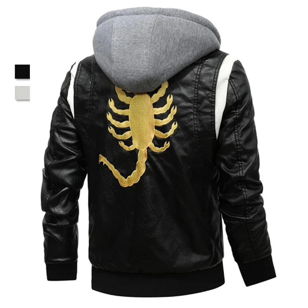 2022 New Autumn Leather Men's Jacket Removable Hooded Scorpion Embroidery Motorcycle Jacket Men Slim Fit Streetwear Punk PU Coat