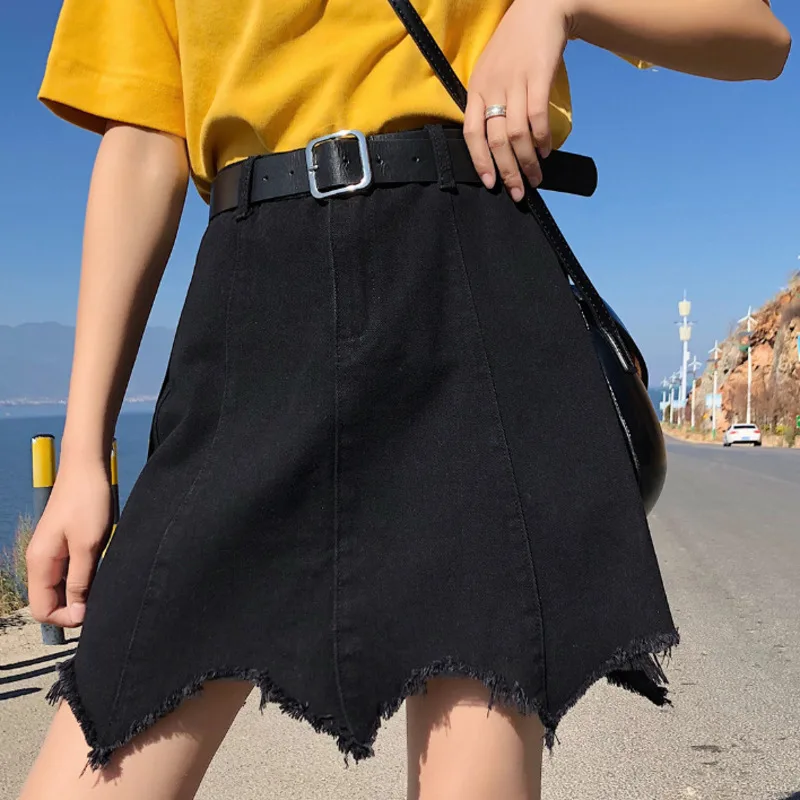 

Fashion Women Distressed Skirts Summer Black Pocket Pencil Skirts Female Plus Size Young Girls Irregular Raw Hem Denim Skirt