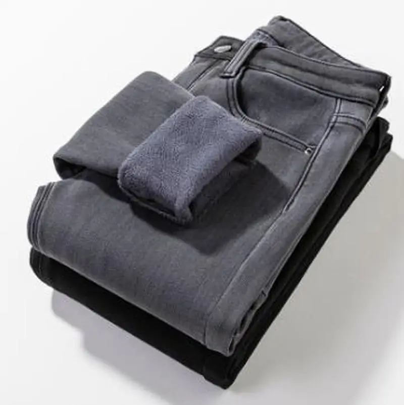 

2023 модные повседневные зимние женские утолщенные джинсы с шерстяной подкладкой и высокой талией в Корейском стиле обтягивающие теплые женские джинсы-карандаш большого размера