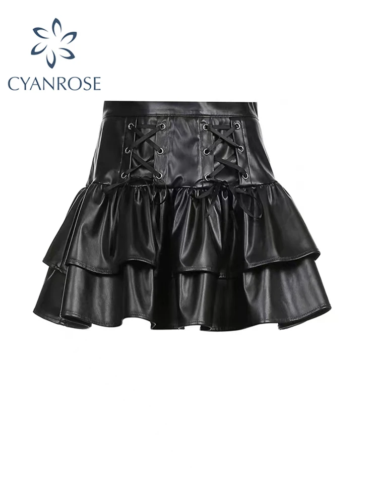

Женская плиссированная короткая юбка из ПУ кожи, черная трапециевидная мини-юбка с высокой талией, винтажная юбка для девушек Y2k, лето 2023