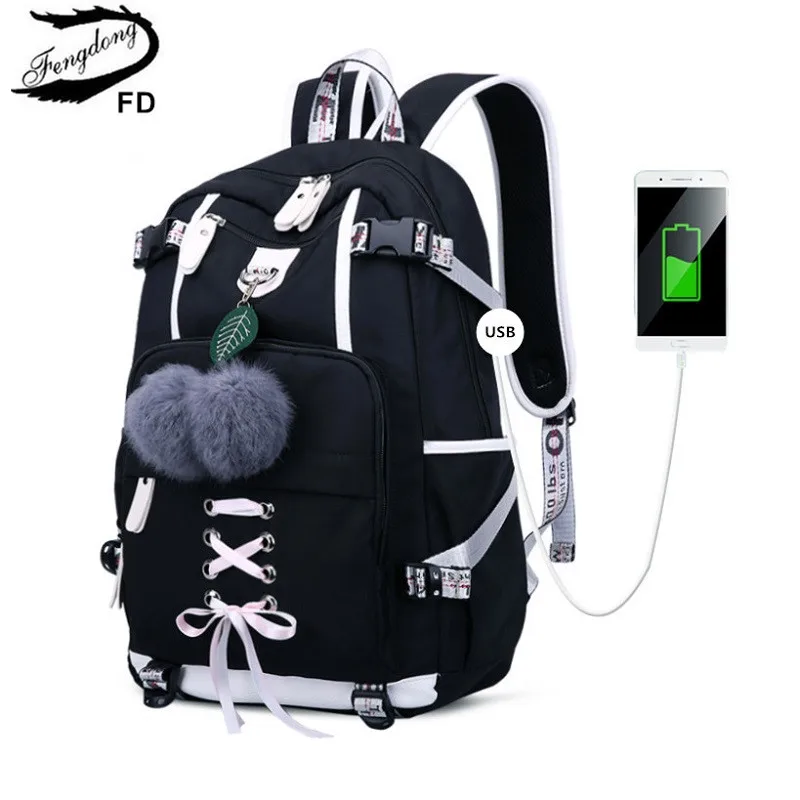 Fengdong korean style high school backpack for teenage girl fashion black white student girls backpack schoolbag cute book bag