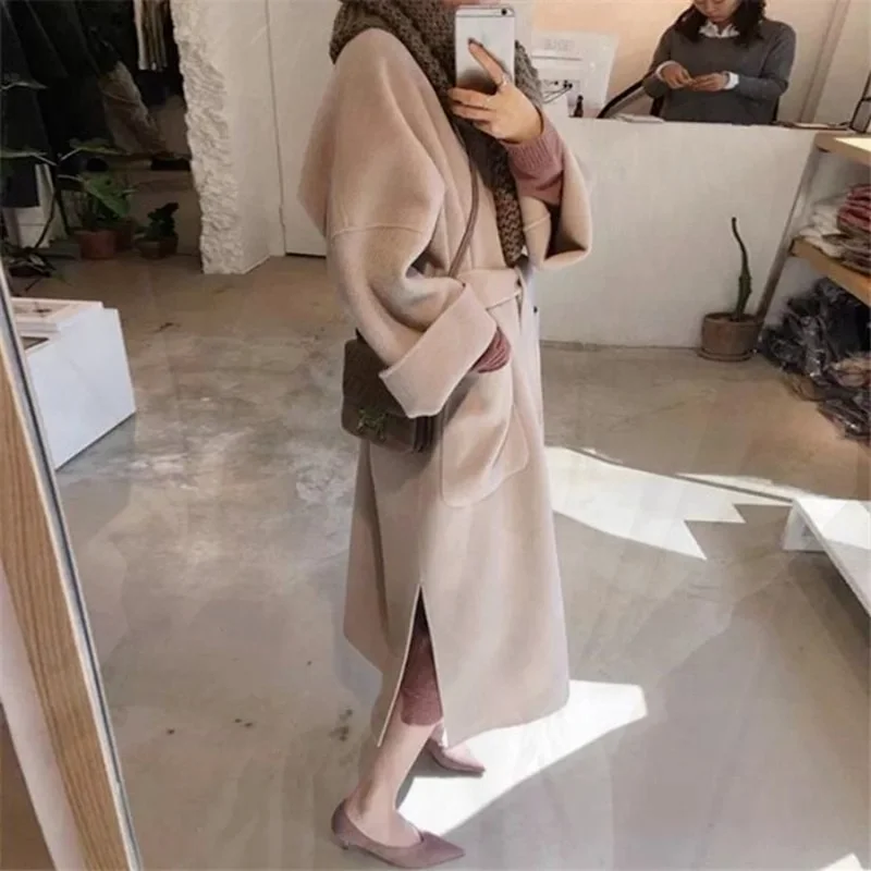 

Женское твидовое двухстороннее пальто с поясом, однотонная теплая верхняя одежда до колена, Осень-зима