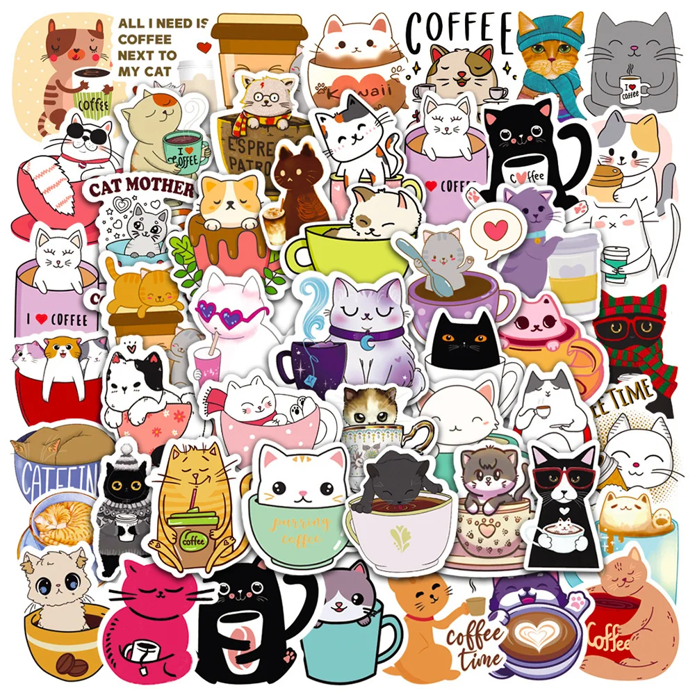 

10/30/50PCS Cartoon Cat Coffee Sticker Laptop Skateboard Luggage Phone Graffiti Cute Children Toys PVC Sticker Wholesale