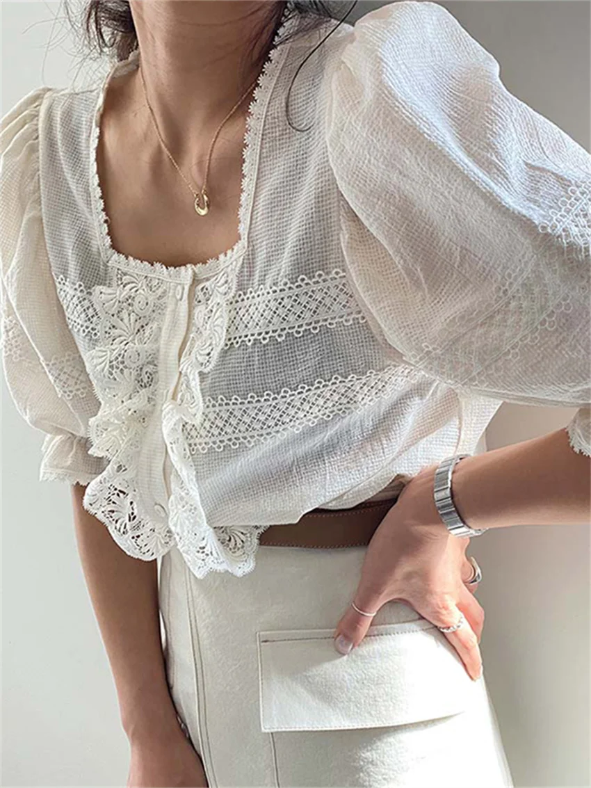 

HziriP White Short Sleeve Sweet Women Shirts Hollow Out Chic High Street 2022 OL Summer Ruffles Office Lady Slim Mujer Blusas