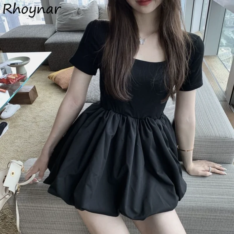 

Женские летние мини-платья, черные платья с высокой талией для девушек, уютная и красивая эстетичная однотонная одежда с квадратным вырезом, одежда в стиле K-POP