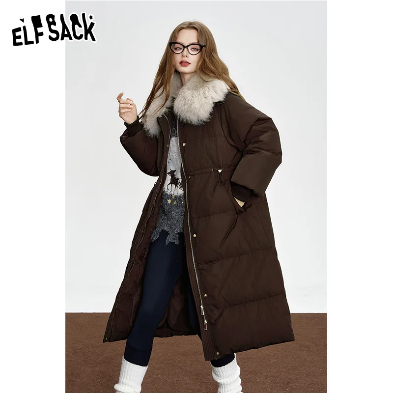 Фото ELFSACK 2024, новые зимние поступления, черный пуховик средней длины для женщин, элегантное пальто с искусственным меховым воротником на талии №3
