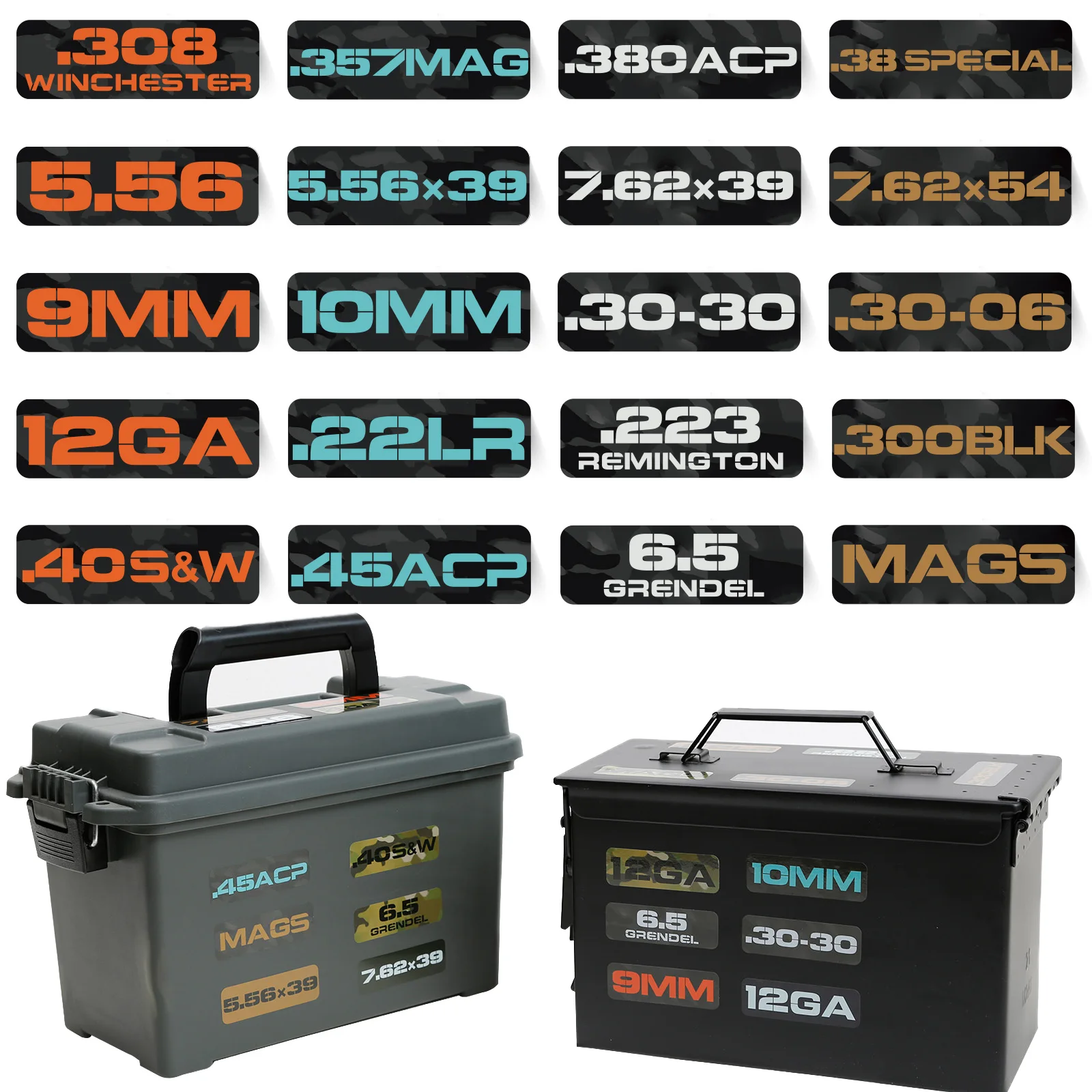 40pcs Ammo Can Vinyl Sticker Set Caliber Decal Labels for Distinguish Rifle Bullet .45ACP 5.56 9MM .223 REM. .300BLK 7.62x39 .22