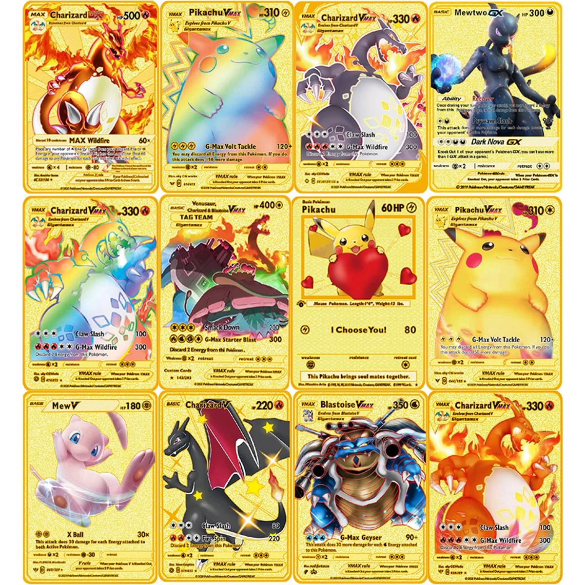 

Pokemon Cards Gold Metal Charizard Vmax Mewtwo Pikachu Pokemon Iron Card Super Game Collection Anime Card Toys Gift for Children
