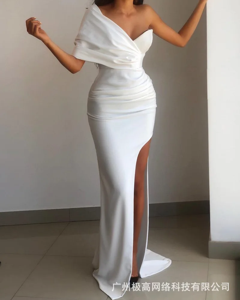 

Women's 2022 New Spring Summer White One-Shoulder Slit Formal Dress Pleated High Waist Evening Party Sexy Slim fit fashion Dress