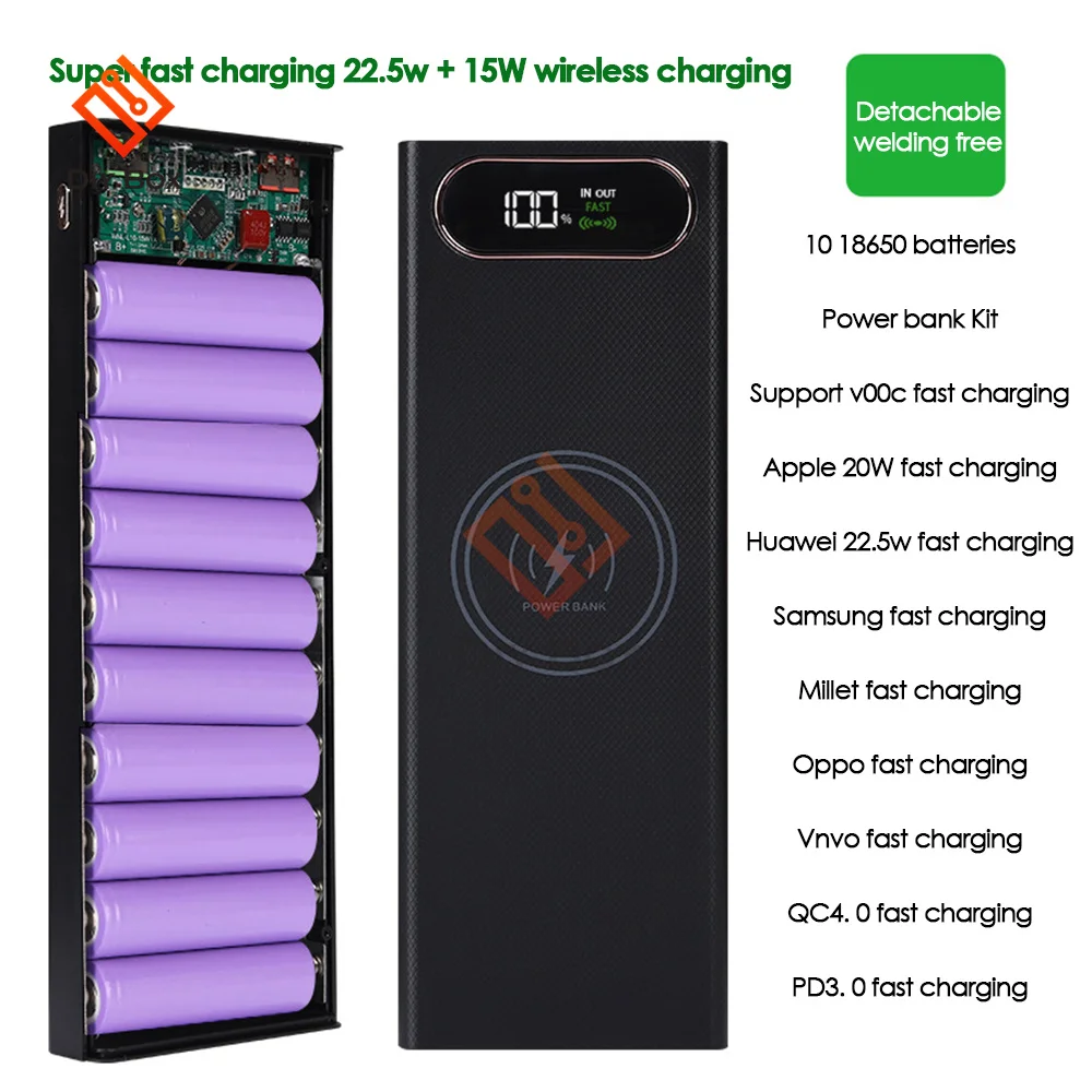 

Removable USB 10*18650 Power Bank Case 22.5W+15W Mobile Phone Fast Charger Storage DIY 18650 Battery Holder Charging Box
