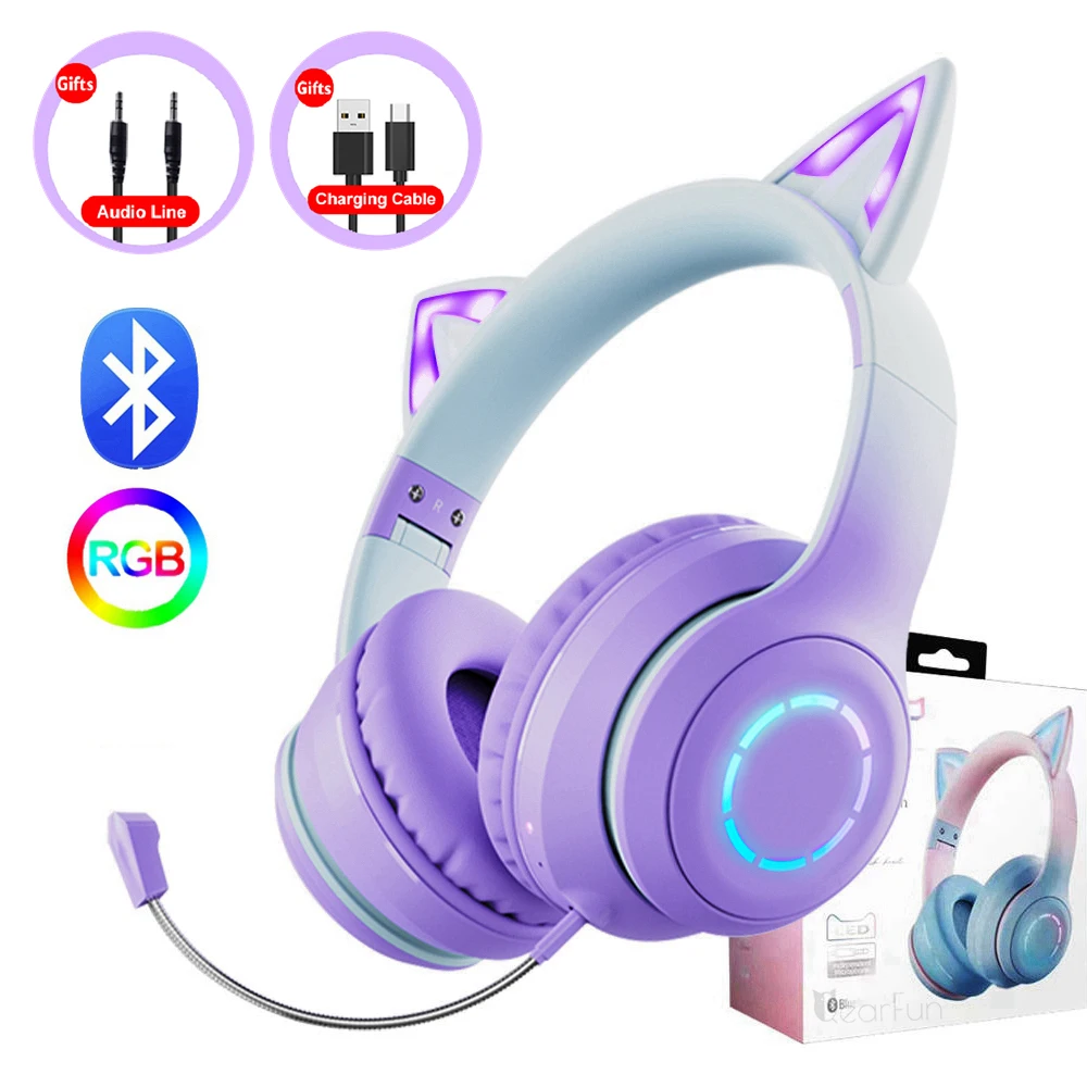 

Наушники с кошачьими ушками градиентные розовые с микрофоном для кавайных девочек детские наушники MP3, HiFi стерео музыкальные светящиеся беспроводные наушники