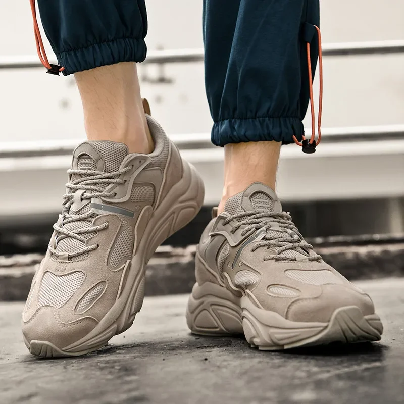 Кроссовки мужские из натуральной кожи спортивная обувь на платформе сетчатые