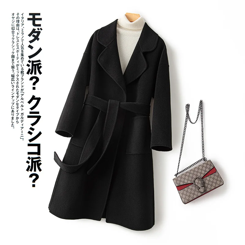 

Высококачественное кашемировое пальто в стиле Хепберн для женщин, свободное облегающее корейское двустороннее шерстяное пальто, средней длины из чистой шерсти, до колена