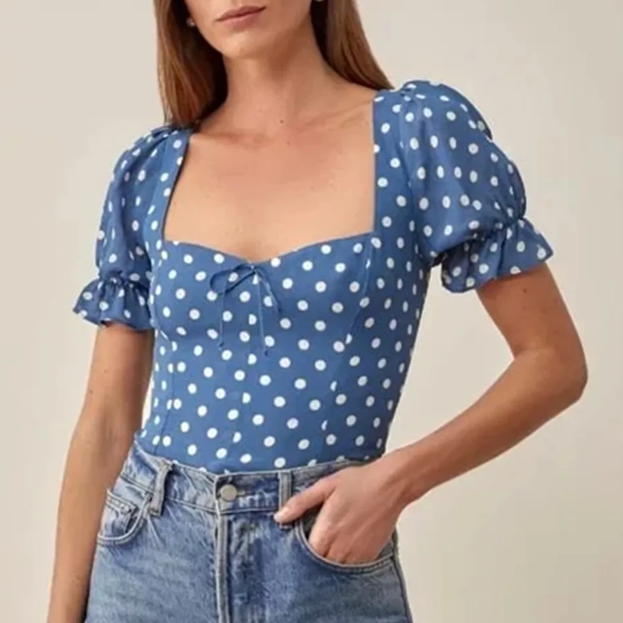 

Withered France Style Ins Blogger Fashion retro Square Collar Short Tops Blue Polka Dot Casual Shirt Summer Blouse Women